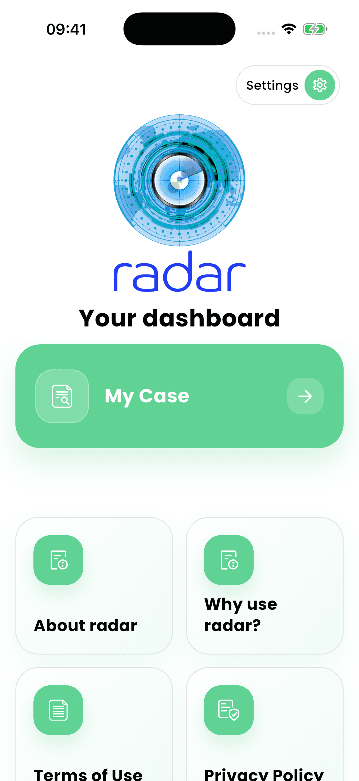 RADAR Skin Health patient dashboard with My Case and app information.