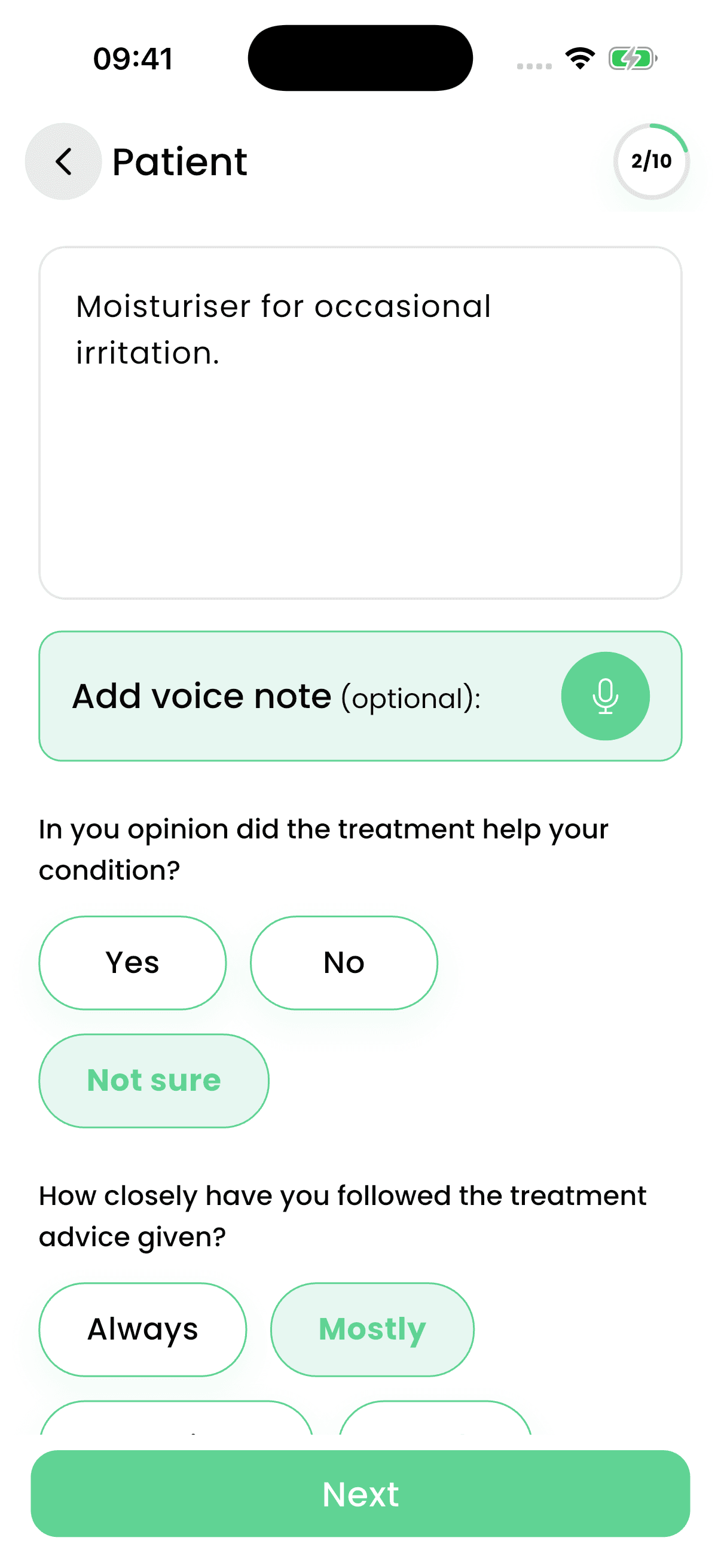 RADAR Skin Health questionnaire about patient treatment and medical history