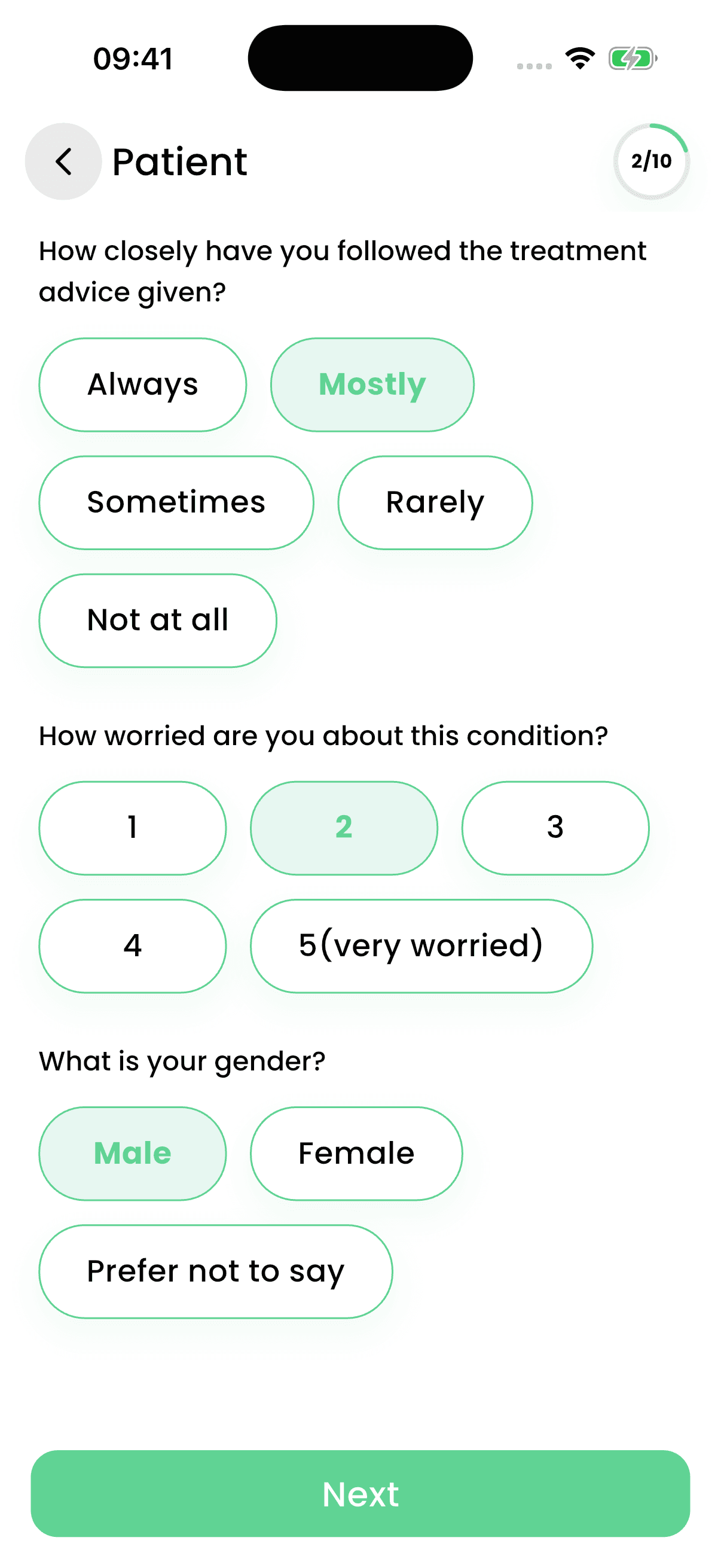 RADAR Skin Health questionnaire with guided questions about treatment, symptoms and patient details.