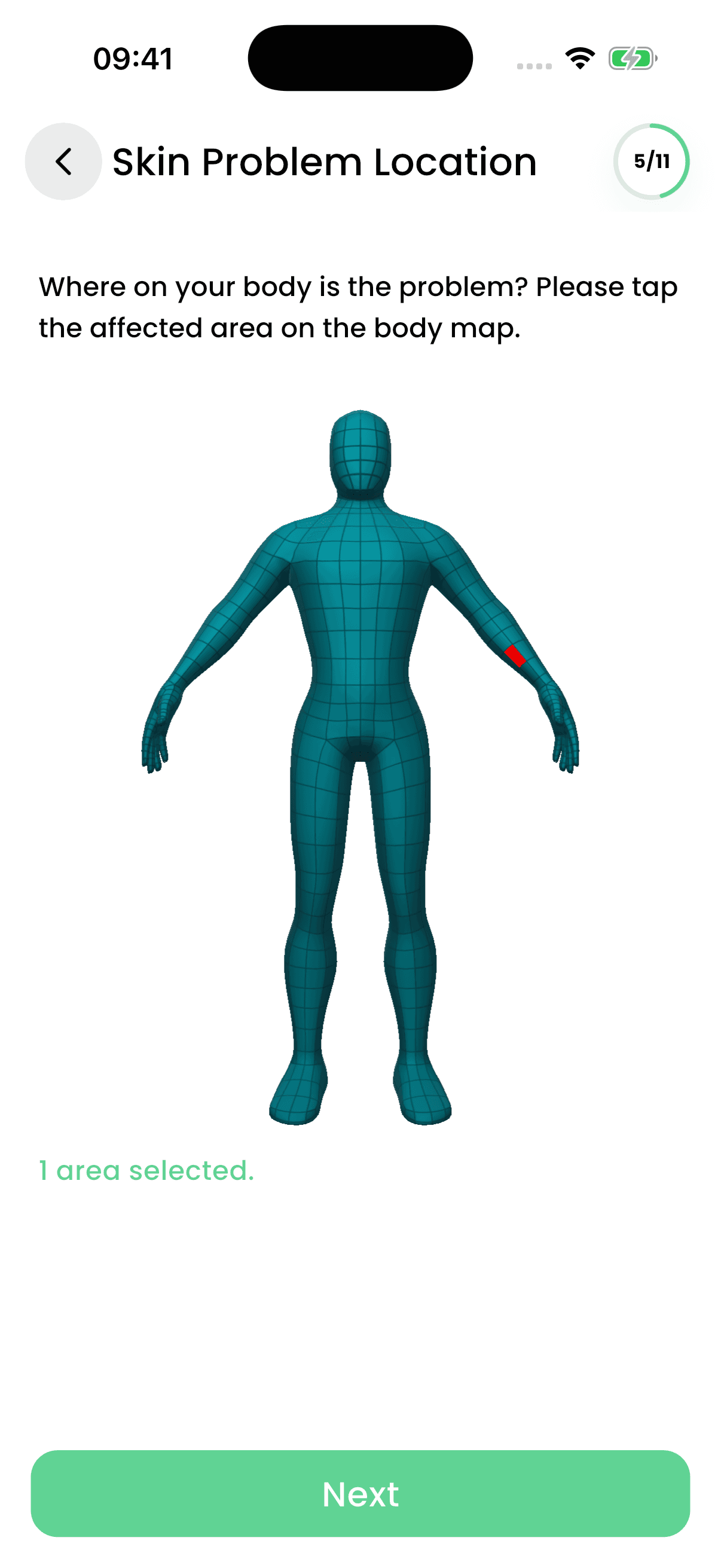 RADAR Skin Health body map with the affected area selected on the forearm