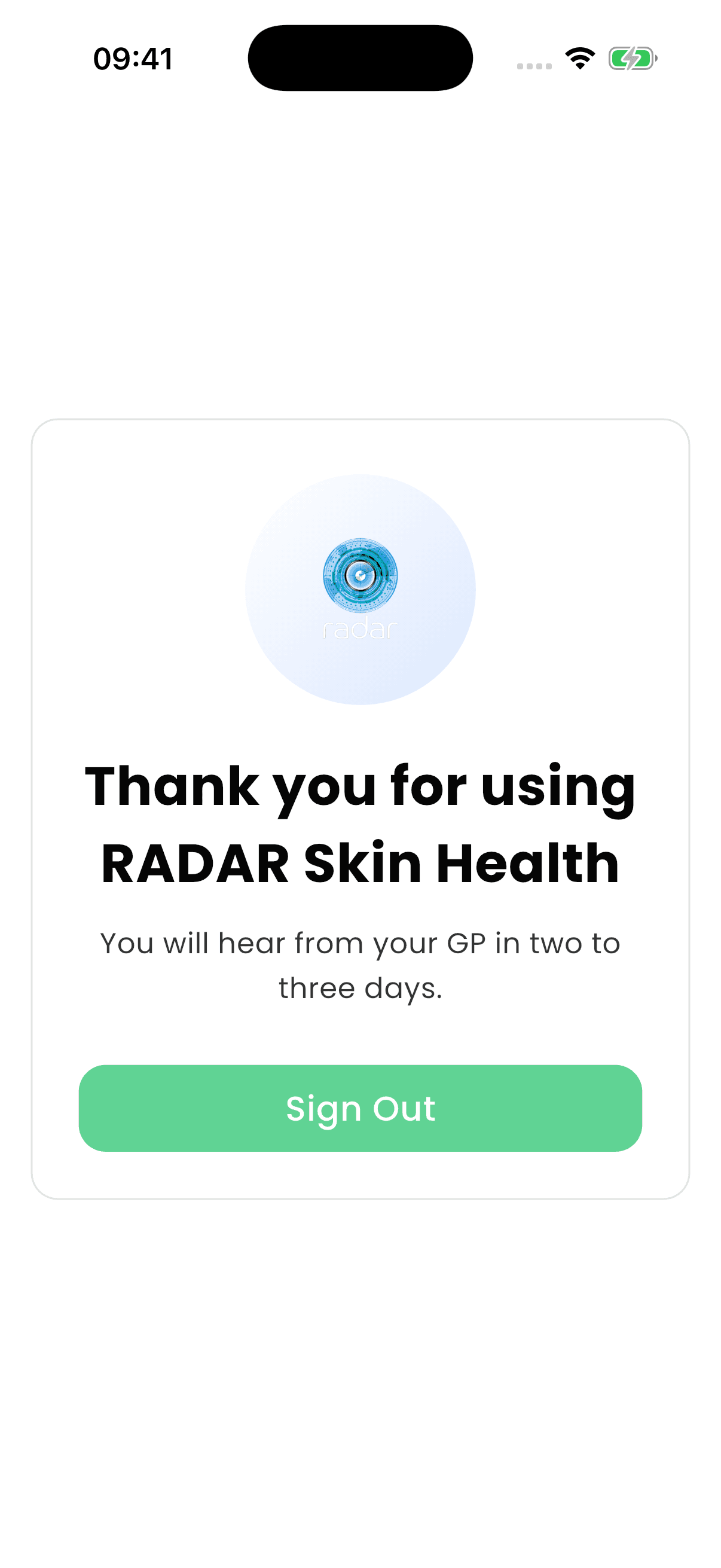 RADAR Skin Health thank-you screen after submitting a case, with the option to sign out