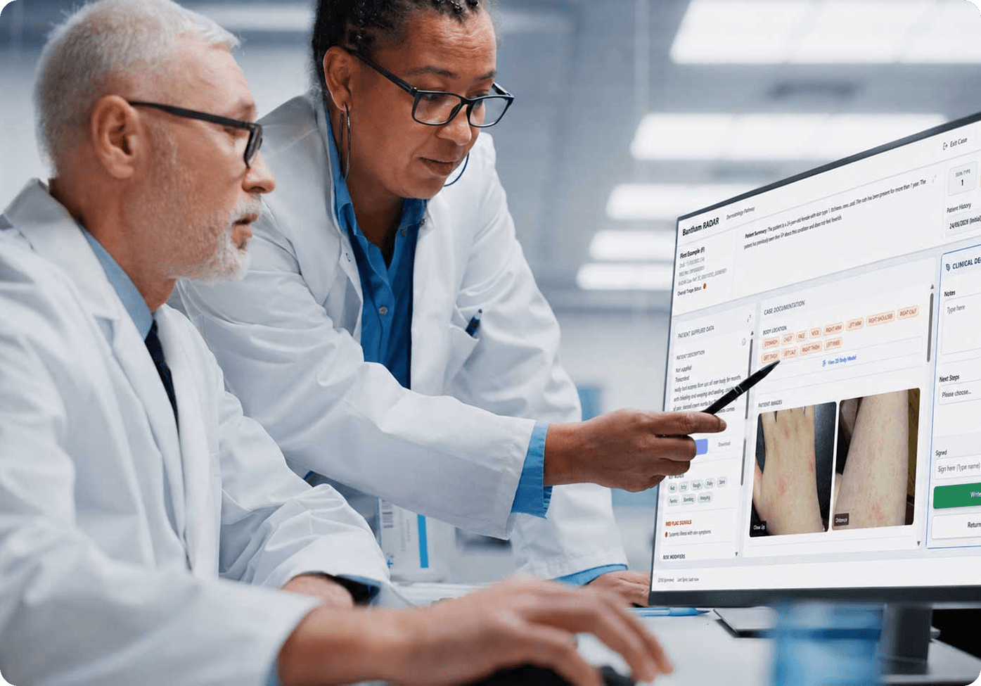 Two clinicians reviewing a skin assessment together using RADAR Skin Health