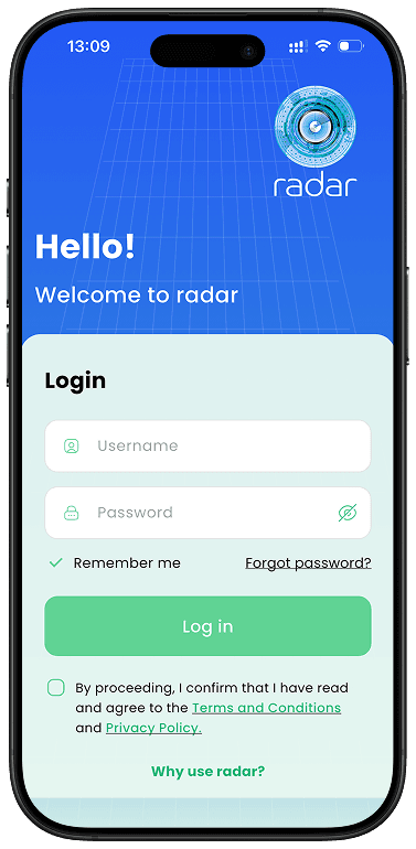 RADAR Skin Health patient app login screen