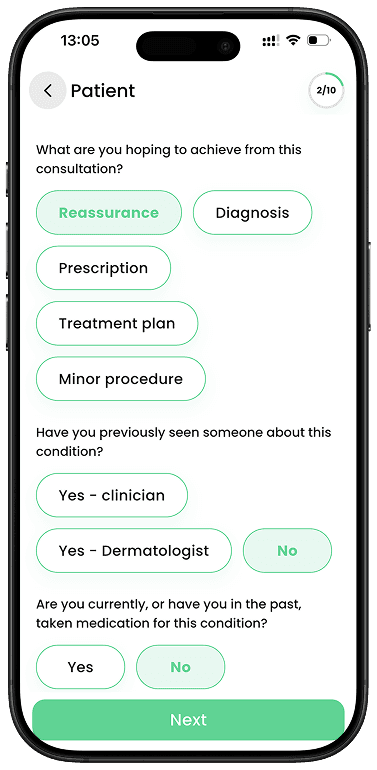 RADAR Skin Health clinical questionnaire on a patient's phone